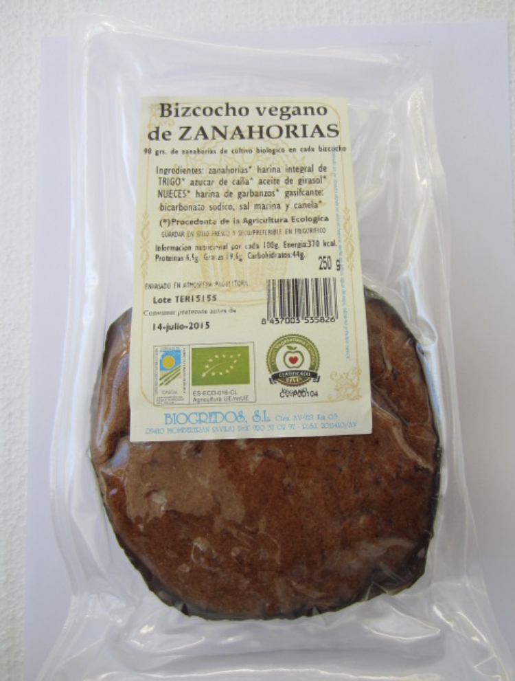 Bizcocho vegano de zanahorias 250gs BIOGREDOS