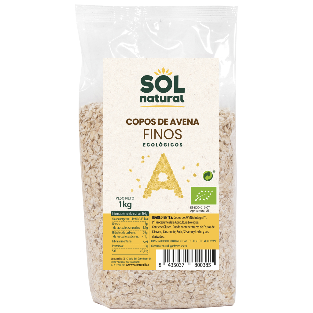 Copos finos de avena Integral s/gluten 1 kg SOL NATURAL